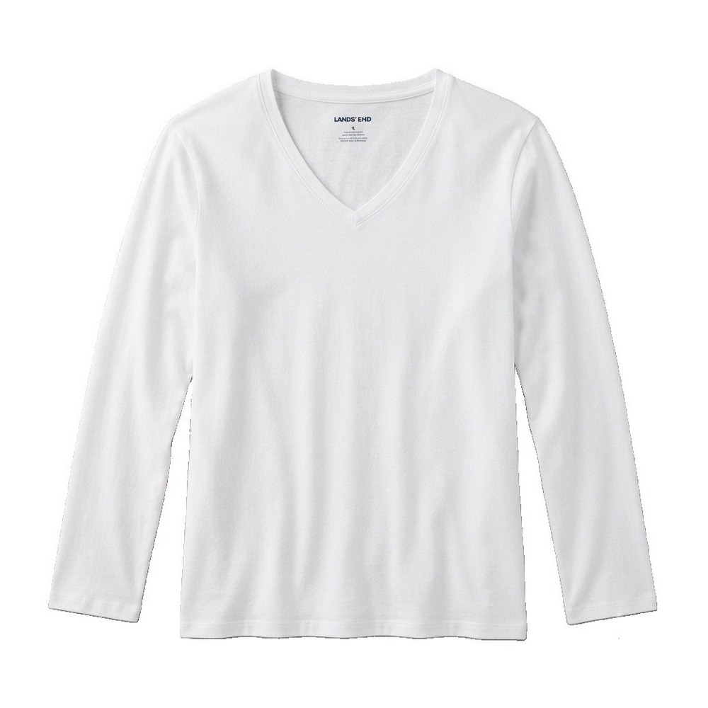 Lands' End Women's Plus Size 1X Relaxed Fit White V-Neck Long Sleeve Tee Cotton